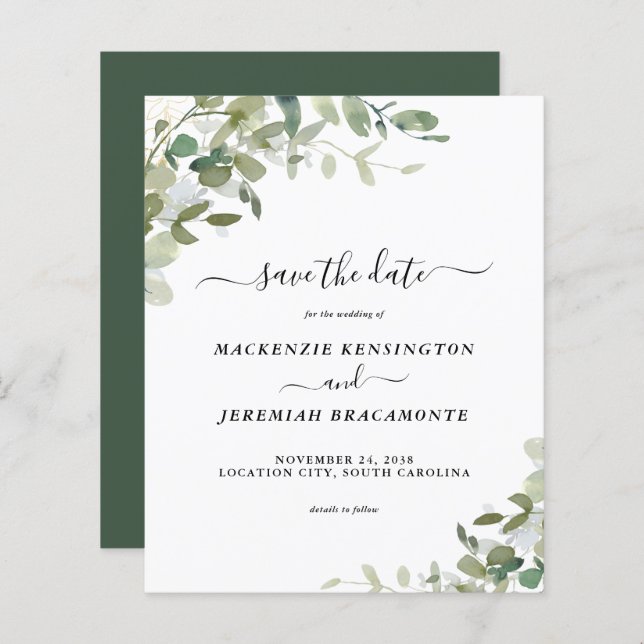 Budget Eucalyptus Greenery Wedding Save the Date (Front/Back)