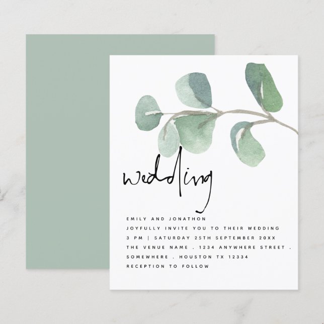 BUDGET Eucalyptus Informal Script Wedding Invite (Front/Back)