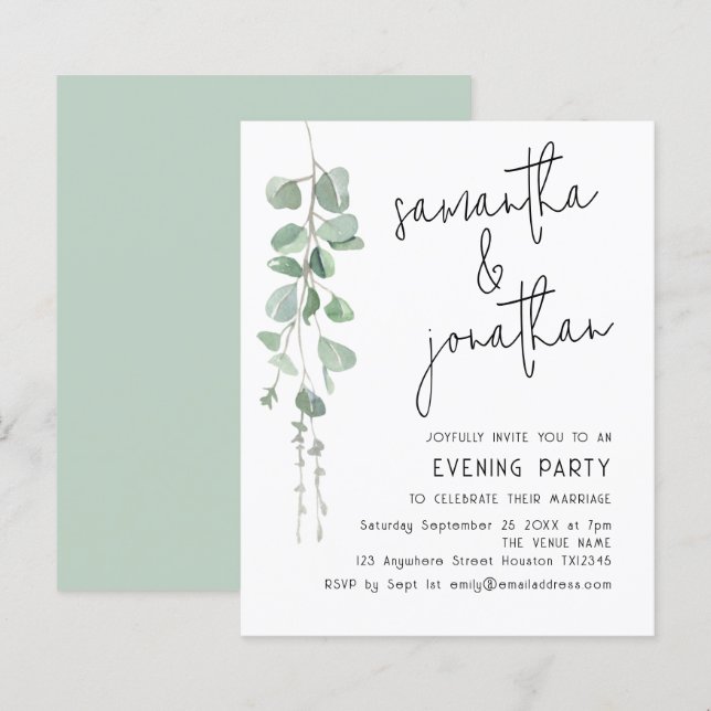 Budget Eucalyptus Informal Wedding Evening Invite (Front/Back)