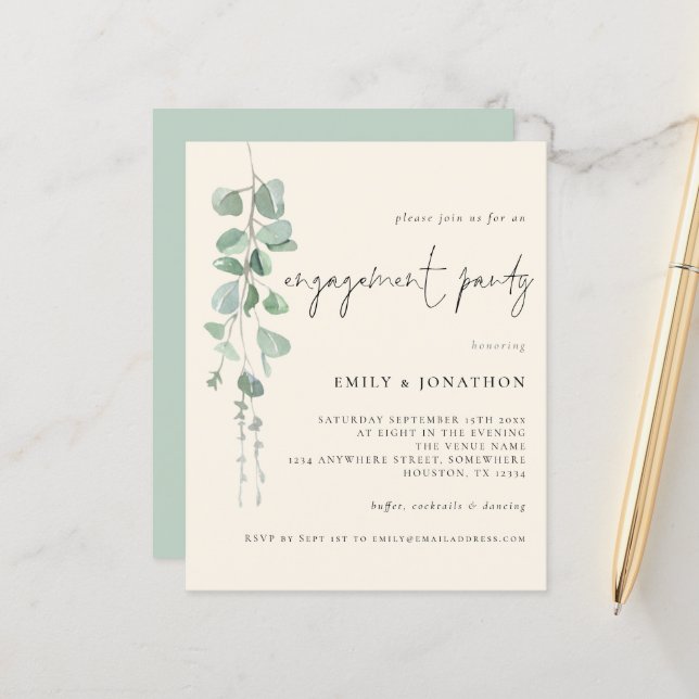 Budget Eucalyptus Ivory Engagement Party Invite (Front/Back In Situ)