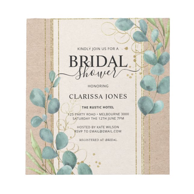BUDGET Eucalyptus Kraft Bridal Shower Invite Notepad (Front)