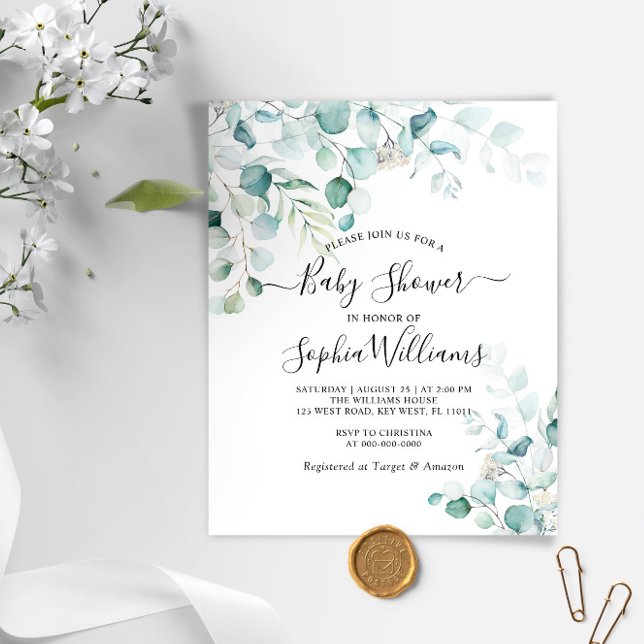 Budget Eucalyptus Leaves Baby Shower Invitation (Creator Uploaded)