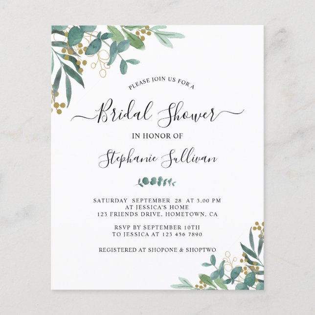 Budget Eucalyptus Leaves Bridal Shower Invitation (Front)