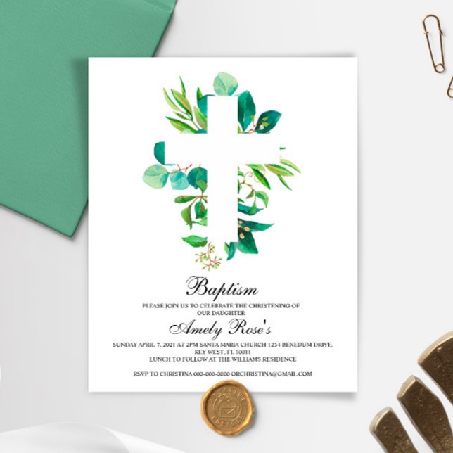 Budget Eucalyptus Leaves Cross Baptism Invitation (Creator Uploaded)