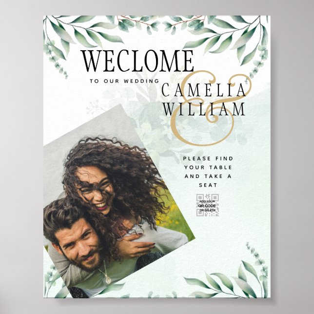 Budget Eucalyptus Leaves Greenery Wedding QR CODE Poster (Front)