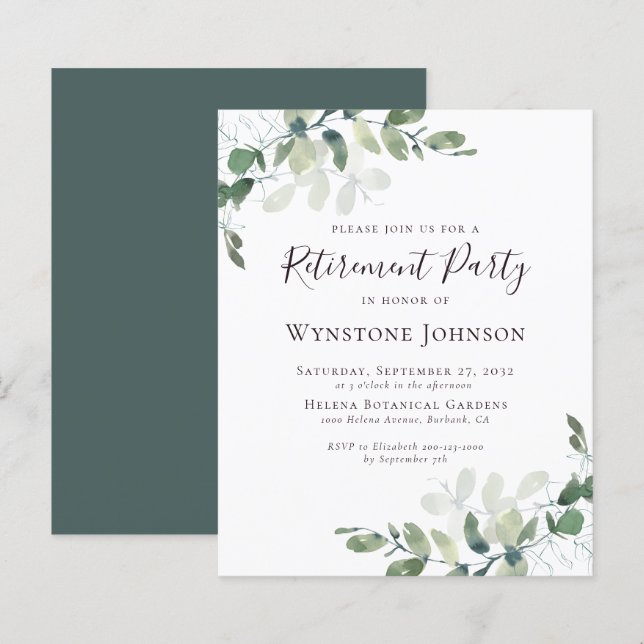 BUDGET Eucalyptus Leaves Retirement Party Invite (Front/Back)