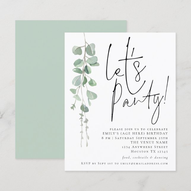 Budget Eucalyptus Lets Party Any Age Party Invite (Front/Back)