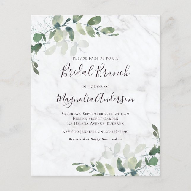 Budget Eucalyptus Marble Bridal Brunch Invitation (Front)