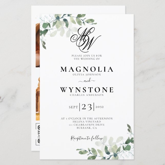 Budget Eucalyptus Monogram QR  Wedding Invitation (Front/Back)