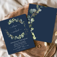 Budget Eucalyptus Navy Blue Wedding Invitations
