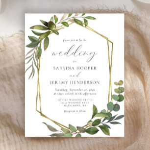 Budget Eucalyptus Olive Gold Geo Wedding Invite