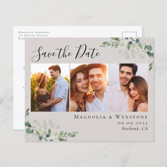 Budget Eucalyptus Photo Save the Date Postcard (Front/Back)