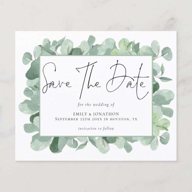 Budget Eucalyptus Photo Wedding Save The Date (Front)