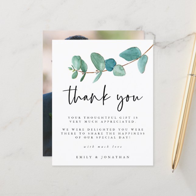 Budget Eucalyptus photo Wedding Thank You (Front/Back In Situ)