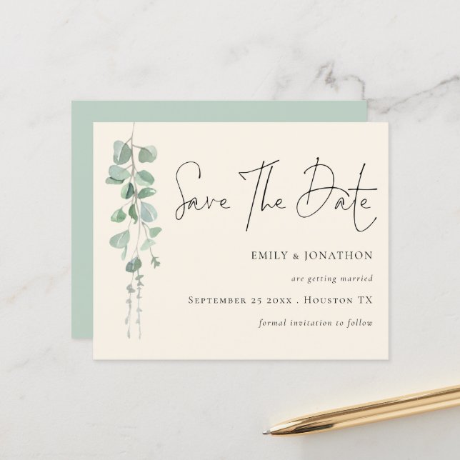 Budget Eucalyptus QR Code Sage Ivory Save The Date (Front/Back In Situ)