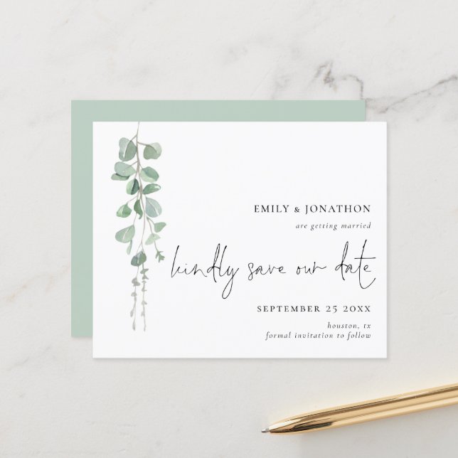 Budget Eucalyptus QR Code Script Save The Date (Front/Back In Situ)