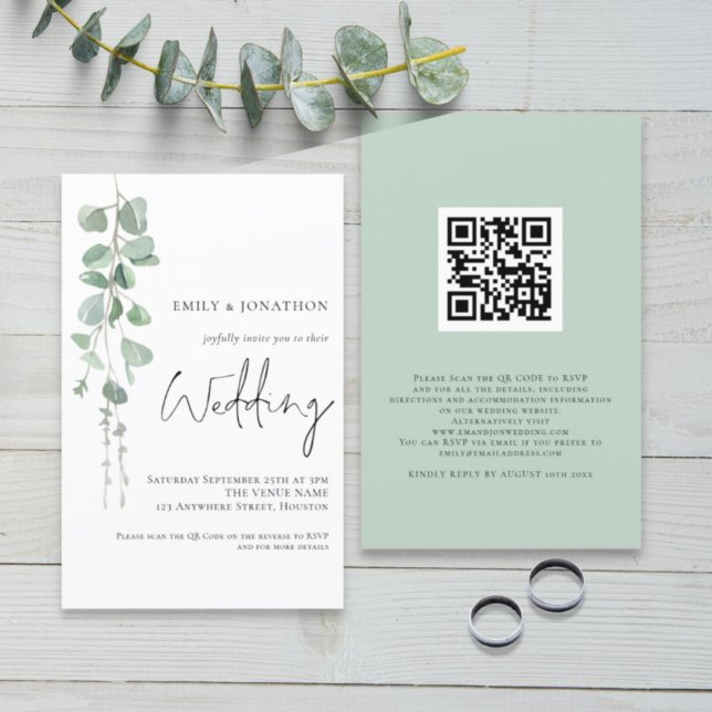 Budget Eucalyptus QR Code Script Wedding Invite (Front and back view. Larger 5.5 x 8.5" budget price invitation)