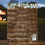 Budget Eucalyptus Rustic Wedding Invitations<br><div class="desc">Budget Rustic Country Outdoors on Dark Wood with Greenery Eucalyptus and Cotton with Jars on String Light Spring,  Summer,  Autumn or Fall Wedding Invitations - includes beautiful and elegant script typography for the special celebration.</div>