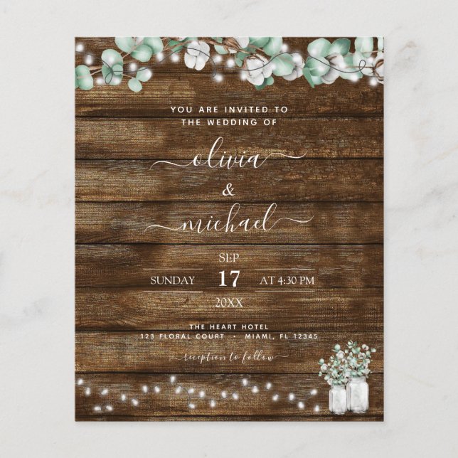 Budget Eucalyptus Rustic Wedding Invitations Flyer (Front)
