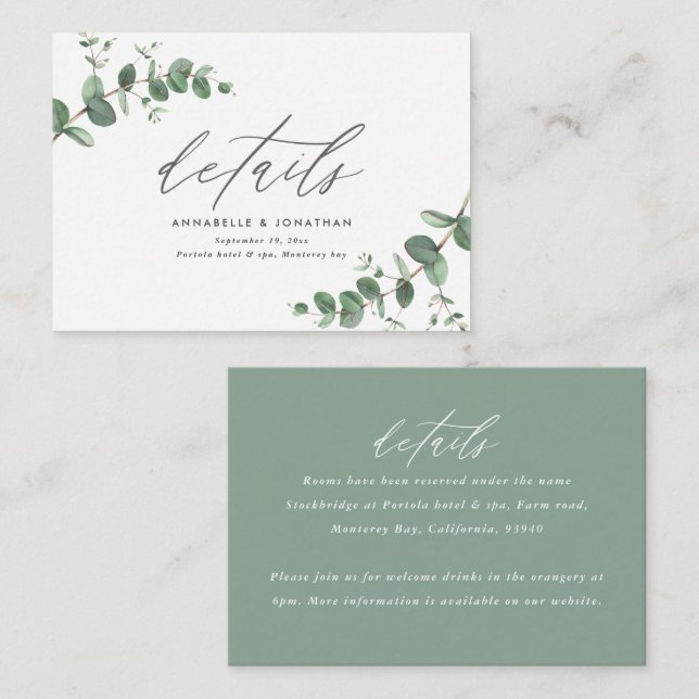 budget Eucalyptus sage green Wedding details Card (Front/Back)