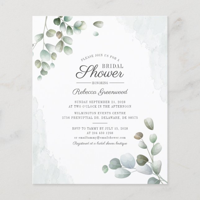 Budget Eucalyptus Script Bridal Shower Invitation (Front)