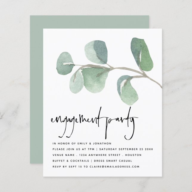 Budget Eucalyptus Script Engagement Party Invite (Front/Back)