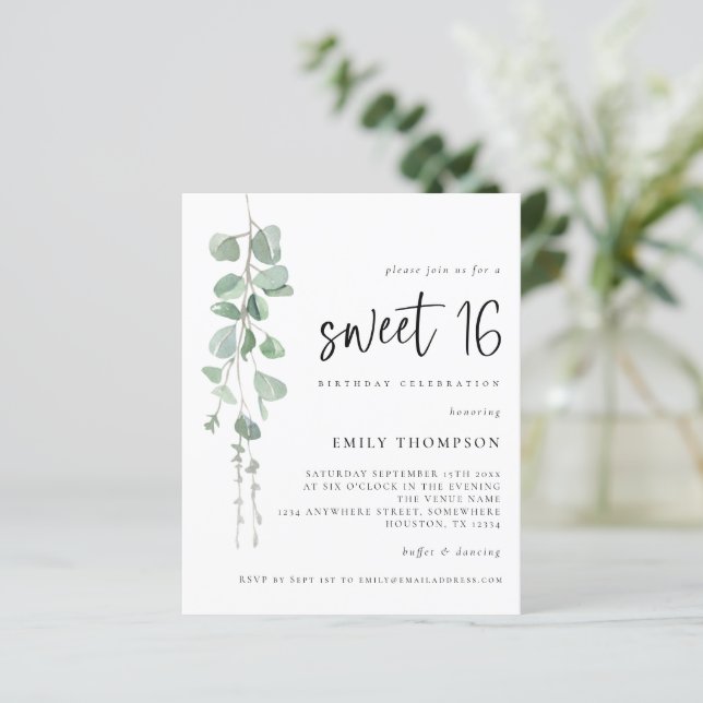Budget Eucalyptus Script Sweet 16 Invitation (Standing Front)