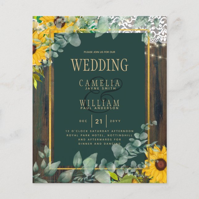 BUDGET Eucalyptus Sunflowers WEDDING Rustic Lace  Flyer (Front)