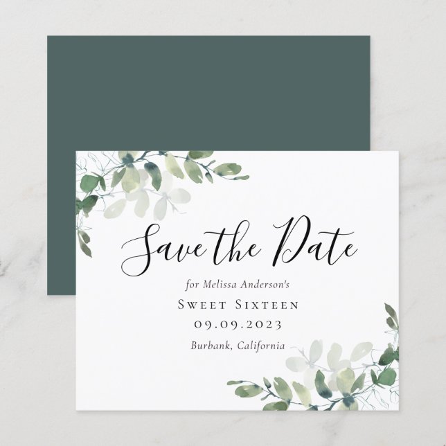 BUDGET Eucalyptus Sweet Sixteen Save the Date (Front/Back)