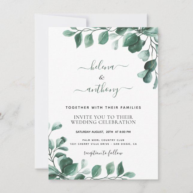 Budget Eucalyptus Vert Mariage Invitations (Devant)