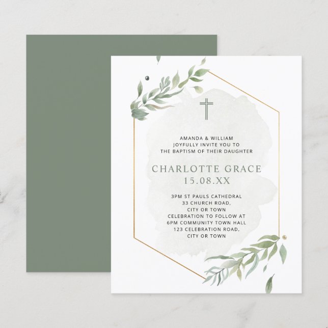 Budget Eucalyptus Watercolor Green & Gold Baptism (Front/Back)