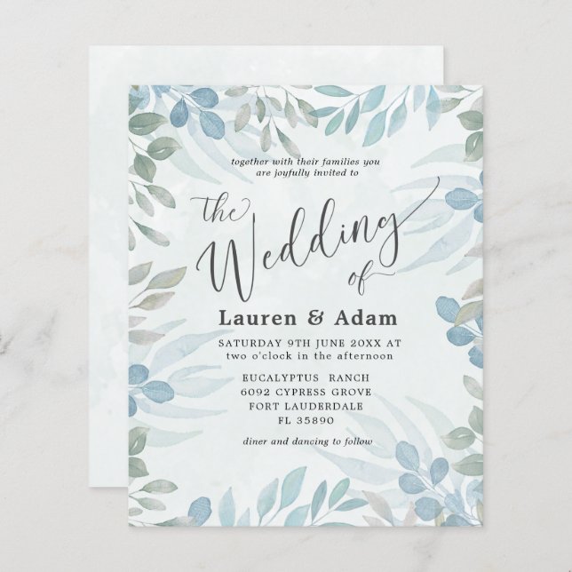 Budget Eucalyptus Watercolor Wedding Invitation (Front/Back)
