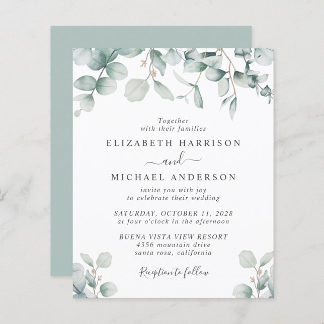 Budget Eucalyptus Watercolor Wedding Invitation (Front/Back)