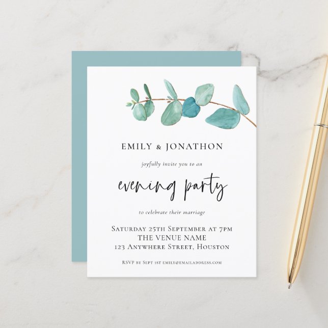 BUDGET Eucalyptus Wedding Evening Party Invite (Front/Back In Situ)