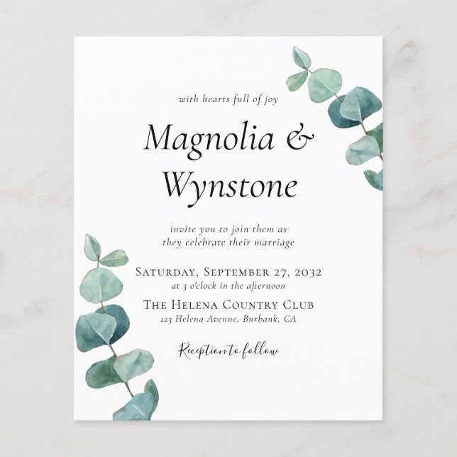 Budget Eucalyptus Wedding Invitation (Front)