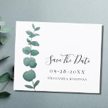 Budget Eucalyptus Wedding Save The Date Card<br><div class="desc">Let your family and friends know when your special day is with this simple,  elegant watercolor eucalyptus Wedding Save The Date Card. 
It is decorated with watercolor eucalyptus and stylish script typography.
Easily customizable.
Original Watercolor © Michele Davies.</div>