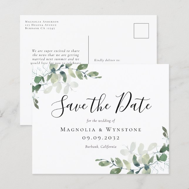 Budget Eucalyptus Wedding Save The Date Postcard (Front/Back)