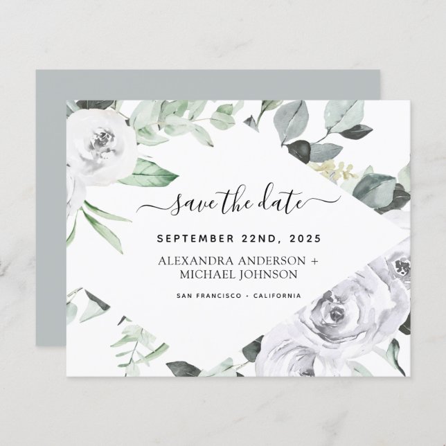 Budget Eucalyptus White Floral Save the Date (Front/Back)