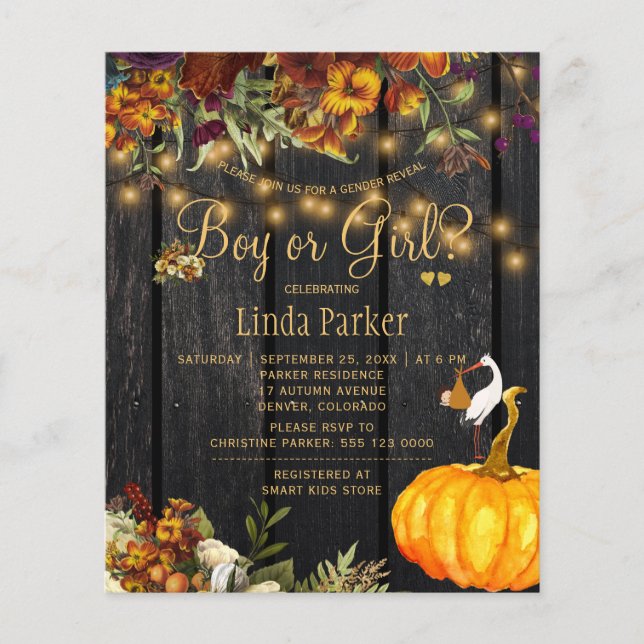 Budget fall baby shower gender reveal invitation (Front)