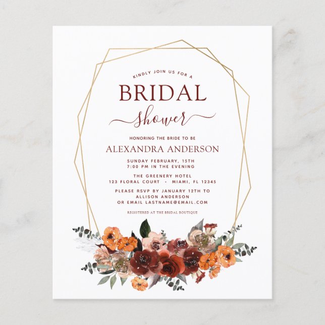 Budget Fall Bridal Shower Burgundy Floral Flyer (Front)