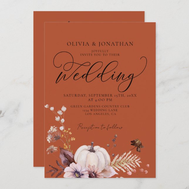 Budget Fall Floral Terracotta QR Code RSVP Wedding Invitation (Front/Back)