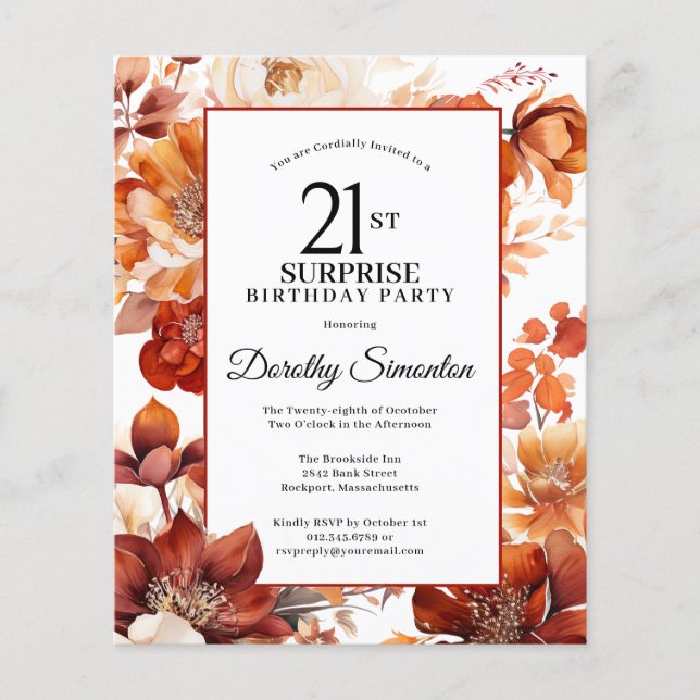 Budget Fall Flowers 21st Surprise Birthday Invite (Front)