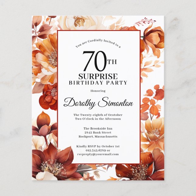 Budget Fall Flowers 70th Surprise Birthday Invite (Front)
