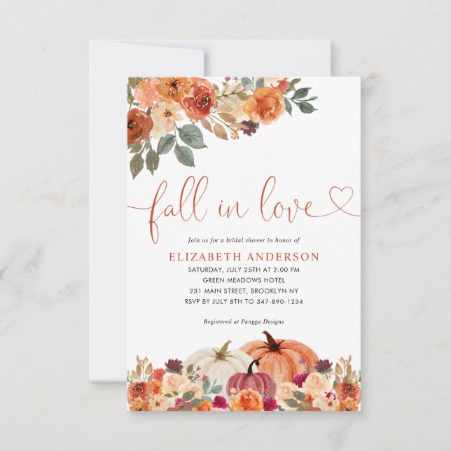 Budget Fall in Love Floral Pumpkin Bridal Shower Card (Front)