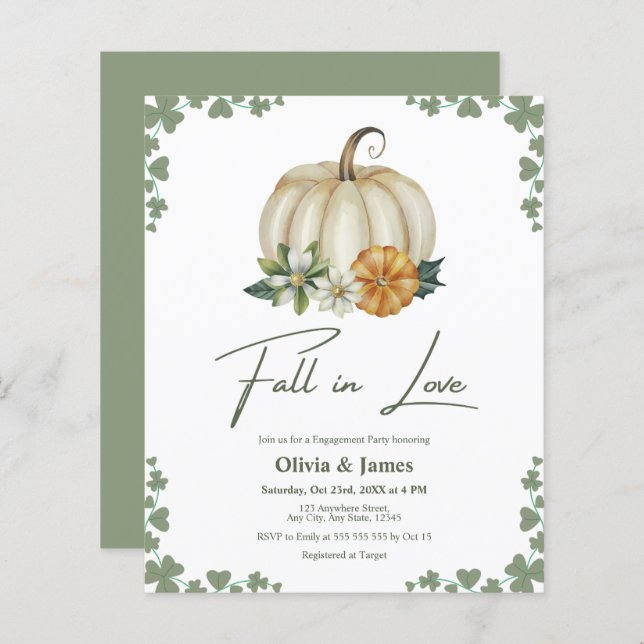 Budget Fall in Love Green Engagement Party Invite (Front/Back)