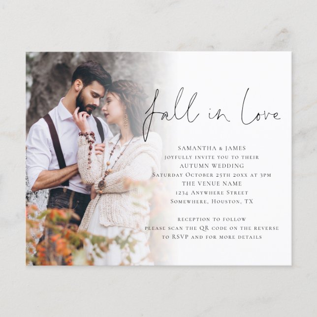 Budget Fall In Love Photo QR Code Wedding Invite (Front)