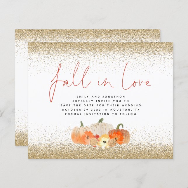 Budget Fall in Love Pumpkins Glitter QR Save Date  (Front/Back)