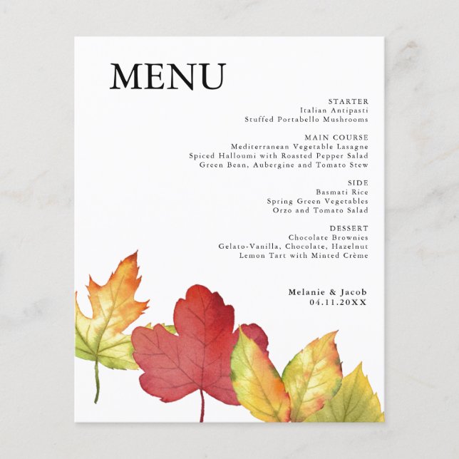 Budget Fall Leaves Wedding Menu (Front)