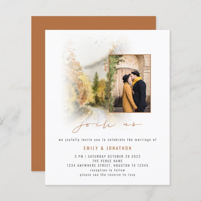 Budget Fall Trees Photo QR Wedding Terracotta (Front/Back)