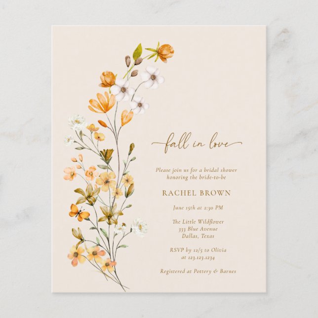 BUDGET Fall Wildflowers Fall In love Bridal Shower Flyer (Front)